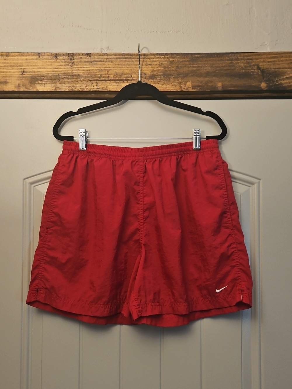 Vintage 90s Nike Nylon Track Shorts Mini Swoosh Red Youth L 12-14
